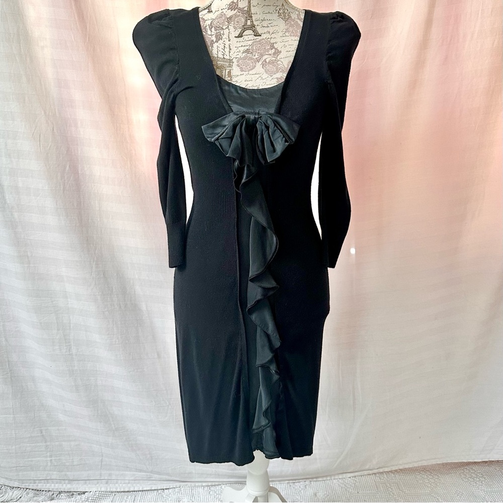 Vintage Yoana Baraschi Black Dress Original Knitwear Bow Center Ruffle Size XS/S